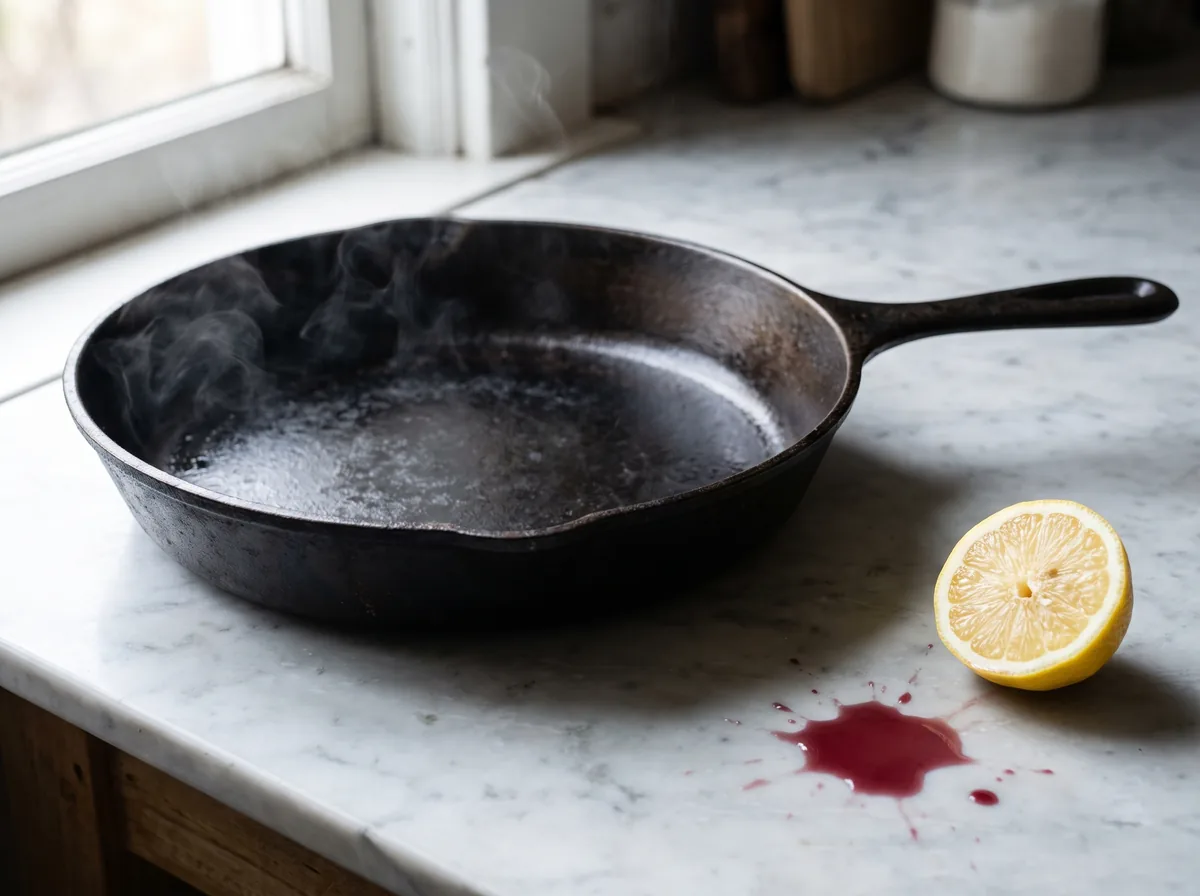 Porcelain vs quartz countertops heat test: a hot cast-iron pan, lemon and wine on a stone countertop