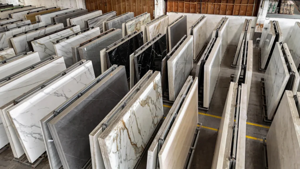 Stone slabs stored in rows by design in our warehouse, so a repeat order is cut from the same design