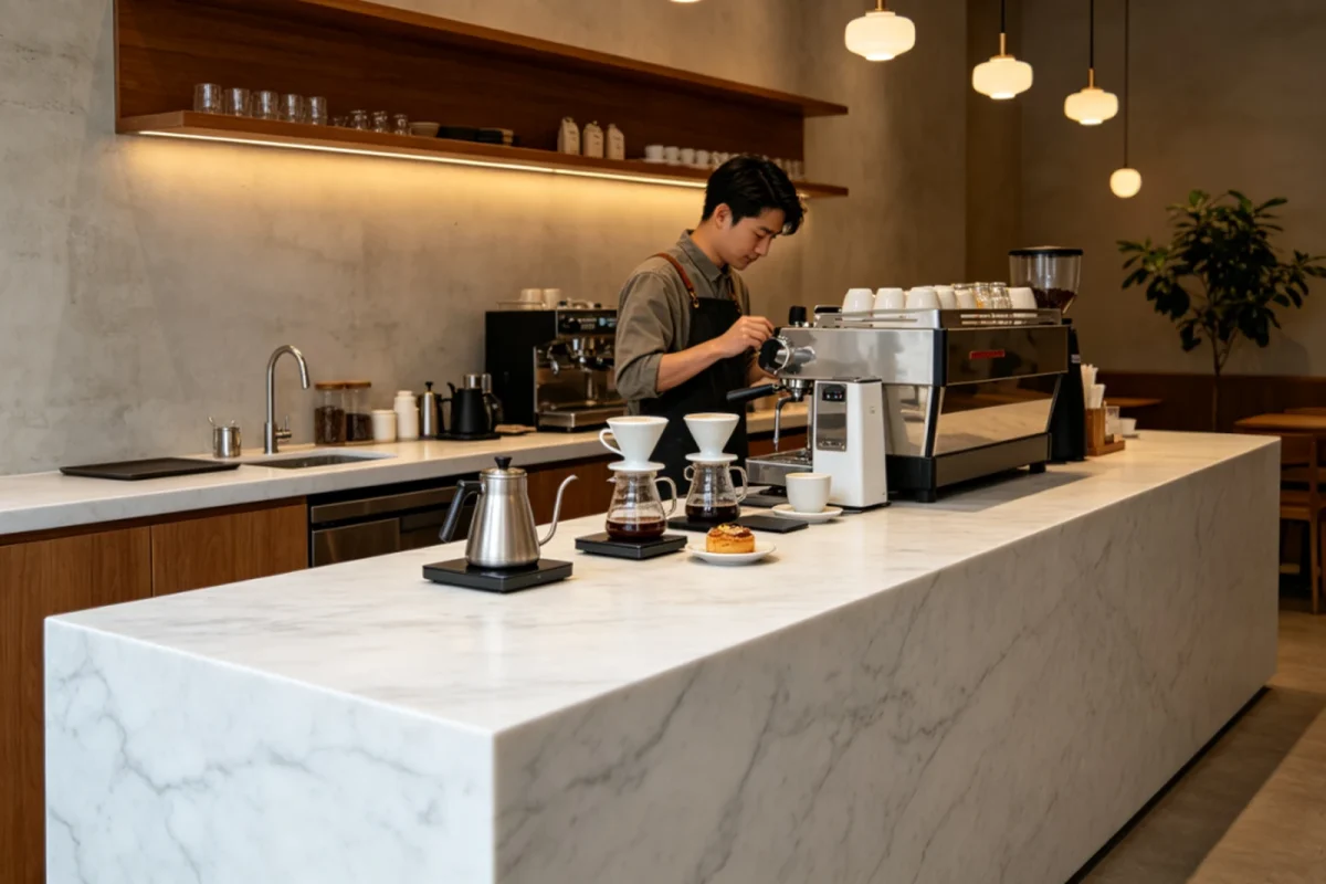 Cafe bar counter in quartz with a mitred front edge
