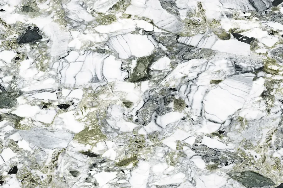 Printed quartz design PQ-336, Arabescato and breccia-style web of veins